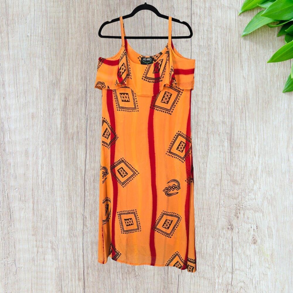 VTG AsHro Dress Women Small Orange Sleeveless Lined Tribal Pattern Ruffle Top